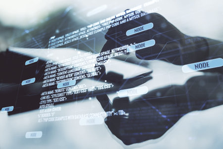 Abstract creative coding illustration with finger clicks on a digital tablet on background, software...