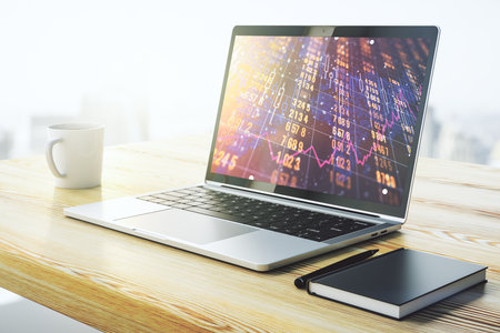 Abstract creative stats data concept on modern laptop screen. 3D Renderingの写真素材