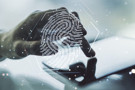 Multi exposure of abstract creative fingerprint illustration with finger presses on a digital tablet...