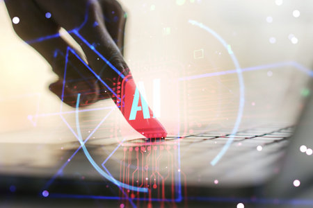 Double exposure of creative artificial Intelligence abbreviation with hand typing on computer keyboard on background. Future technology and AI conceptの写真素材
