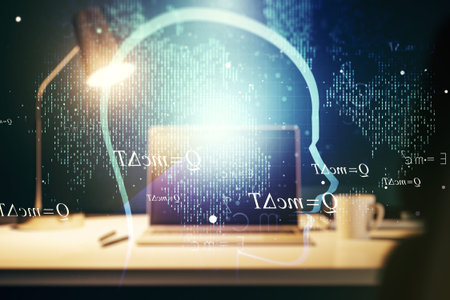 Creative artificial Intelligence concept with human head sketch on modern computer background....