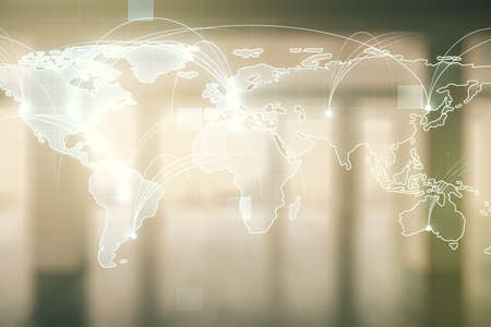 Abstract graphic digital world map hologram with connections on modern interior background, globalization concept. Multiexposureの写真素材