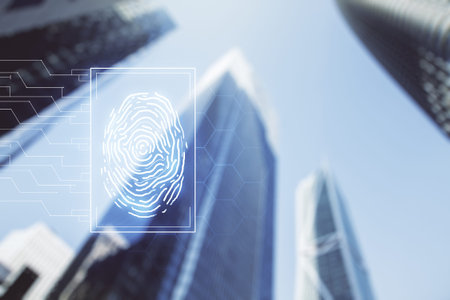 Multi exposure of virtual abstract fingerprint illustration on office buildings background, digital...