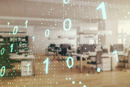Abstract virtual binary code sketch on a modern furnished office interior background, hacking and...