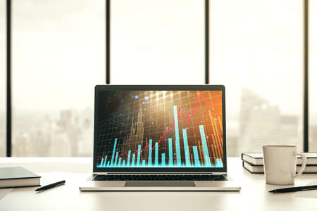 Abstract creative financial graph on modern laptop screen, forex and investment concept. 3D Renderingの写真素材