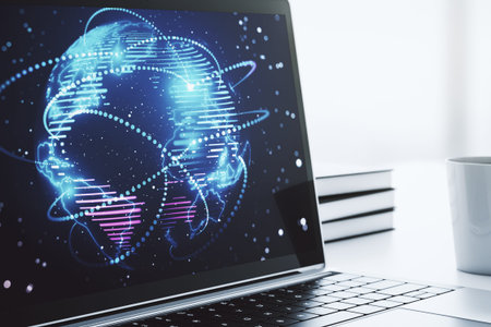 Computer monitor with abstract graphic digital world map with connections, globalization concept. 3D...