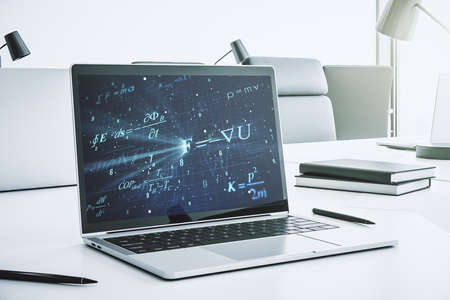 Modern computer monitor with creative scientific formula concept, research and development concept. 3D Renderingの写真素材