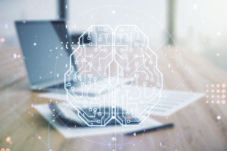 Double exposure of creative artificial Intelligence interface on blurry calculator with laptop...