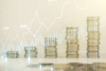 Multi exposure of virtual creative financial chart hologram on growing stacks of coins background, research and analytics conceptの写真素材