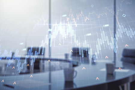 Double exposure of abstract creative financial diagram and world map on a modern boardroom background, banking and accounting conceptの写真素材