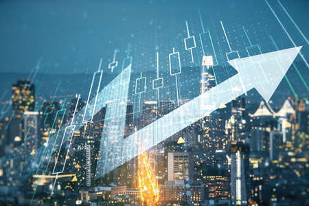 Abstract creative financial diagram and upward arrow hologram on San Francisco office buildings background, growth and development conceptの写真素材