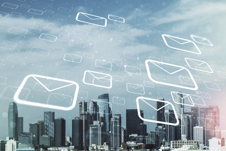 Abstract virtual postal envelopes illustration on Los Angeles skyline background. Email and communications concept. Multiexposureの写真素材