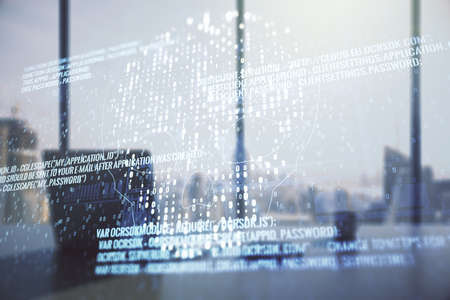 Creative code skull hologram and modern desktop with pc on background, cybercrime and hacking concept. Multiexposureの写真素材