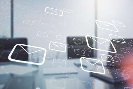 Creative concept of postal envelopes illustration and modern desktop with computer on background. Email and communications concept. Multiexposureの写真素材