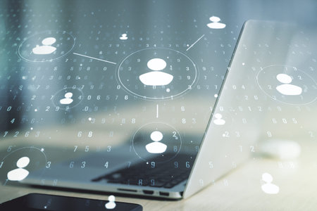 Social network concept with modern laptop on background. Multiexposure