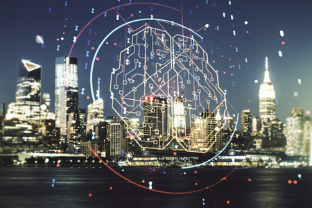Double exposure of creative artificial Intelligence interface on New York city skyscrapers...