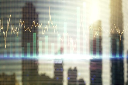 Multi exposure of abstract financial diagram on office buildings background, banking and accounting...