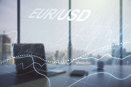 Creative EURO USD financial graph illustration and modern desktop with pc on background, forex and currency concept. Multiexposureの写真素材