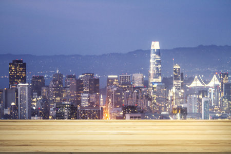 Empty tabletop made of wooden dies with San Francisco city view at evening on background, template