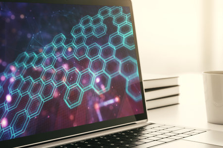 Creative abstract wireless technology hologram with hexagon on modern computer monitor, artificial intelligence and machine learning concept. 3D Renderingの写真素材