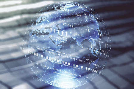 Multi exposure of abstract graphic coding sketch and world map on abstract metal background, big data and networking conceptの写真素材