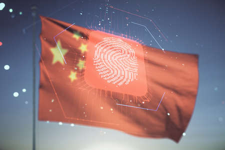 Multi exposure of virtual abstract fingerprint illustration on flag of China and sunset sky background, digital access conceptの写真素材