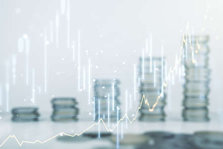 Double exposure of abstract creative financial chart hologram on growing stacks of coins background, research and strategy conceptの写真素材