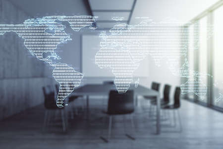 Double exposure of abstract digital world map hologram on a modern boardroom background, big data and blockchain conceptの写真素材
