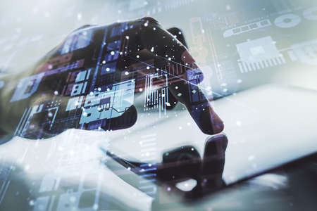 Abstract creative coding concept with finger clicks on a digital tablet on background.の写真素材