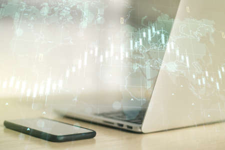 Double exposure of abstract creative financial diagram with world map on computer background, banking and accounting conceptの写真素材