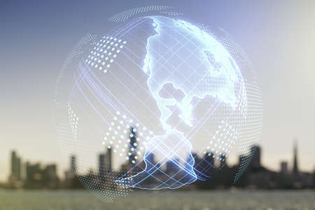 Double exposure of digital map of North America hologram on blurry capacity background, research and strategy conceptの写真素材