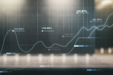 Double exposure of abstract virtual statistics data hologram on modern business center exterior...