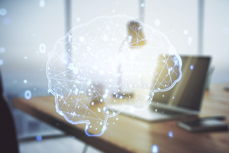 Double exposure of creative human brain microcircuit with computer on background. Future technology...