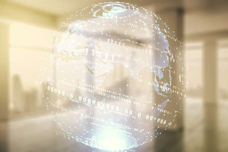 Multi exposure of abstract software development hologram and world map on empty modern office background, global research and analytics conceptの写真素材