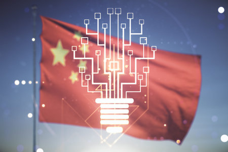Double exposure of virtual creative light bulb hologram with chip on flag of China and sunset sky...