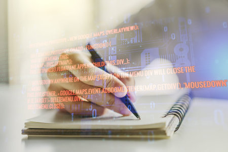Abstract creative coding illustration with man hand writing in diary on background, software...