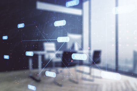 Double exposure of abstract programming language and modern desktop with laptop on background,...