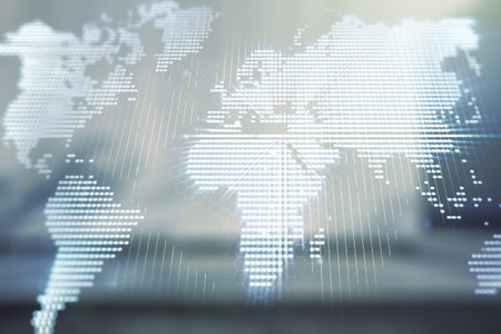 Double exposure of abstract digital world map hologram on contemporary business center exterior...