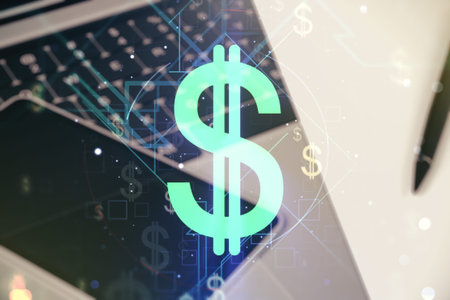 Creative EURO USD symbols illustration on modern computer background, forex and currency concept....