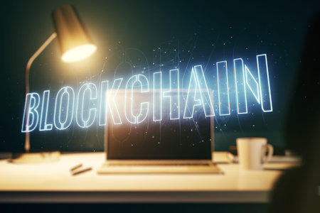Creative abstract blockchain technology sketch on modern laptop background, future technology and...