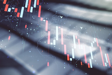 Abstract virtual crisis chart illustration on blurry abstract metal background. Global crisis and...
