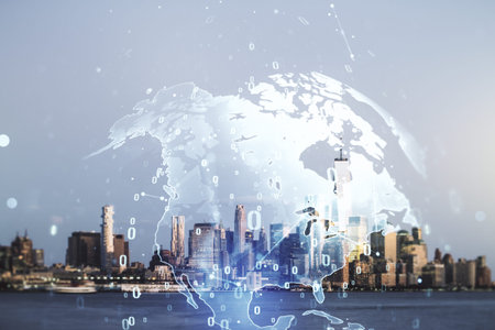 Double exposure of abstract creative programming illustration and world map on New York city office...