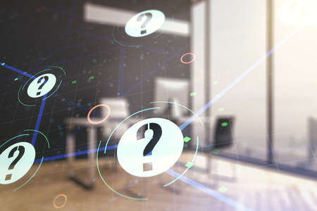 Double exposure of question mark hologram and modern desktop with laptop on background. Sociology and psychology conceptの写真素材