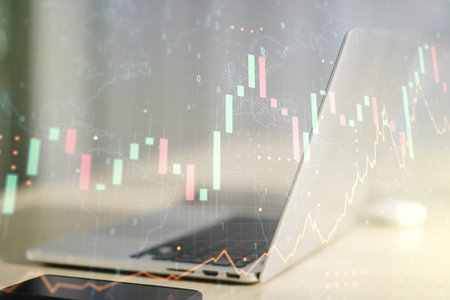 Multi exposure of abstract financial graph with world map on modern computer background, financial...