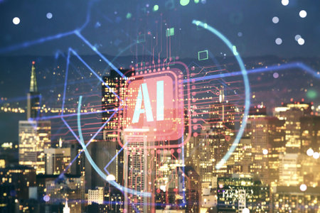 Double exposure of creative artificial Intelligence abbreviation hologram on San Francisco office...