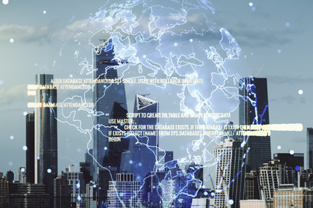 Abstract virtual coding concept and world map hologram on New York city skyline background....