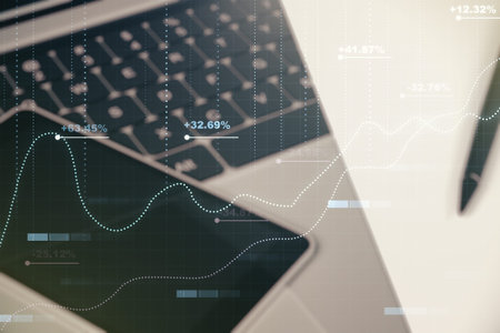 Double exposure of abstract creative statistics data hologram on computer background, analytics and...