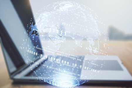Multi exposure of abstract graphic coding sketch with world map on modern computer background, big data and networking conceptの写真素材