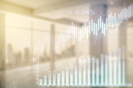 Double exposure of abstract creative financial chart hologram on empty modern office background,...