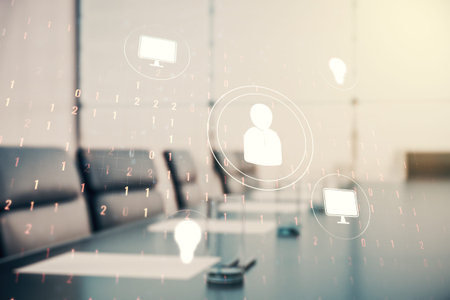 Abstract virtual social network concept on a modern conference room background. Multiexposure